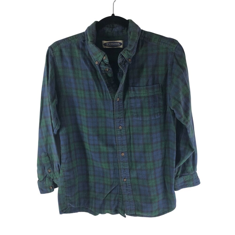 Express Boys Vintage Flannel Shirt Chest Pocket Cotton Plaid Blue Green L